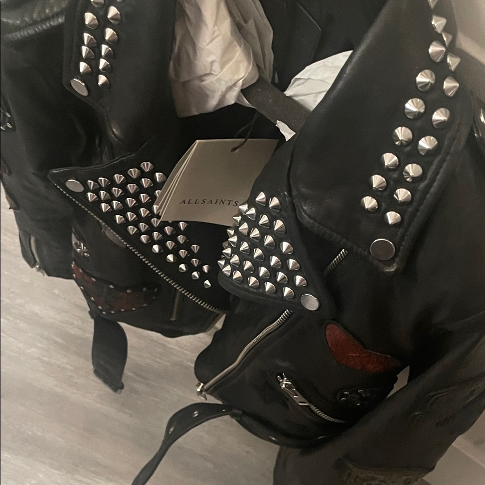 All Saints College studded Black Leather Jacket S - Picture 4 of 5
